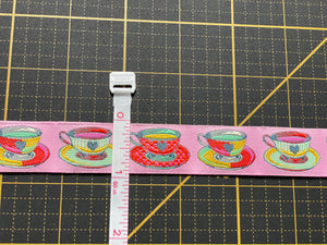 Narrow Tea Time on Pink - 7/8" wide Jacquard Ribbon from Tula Pink's Curiouser and Curiouser collection