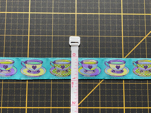 Narrow Tea Time on Blue - 7/8" wide Jacquard Ribbon from Tula Pink's Curiouser and Curiouser collection