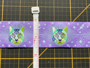 Cheshire Cat on Purple - 1 1/2 " wide Jacquard Ribbon from Tula Pink's Curiouser and Curiouser collection