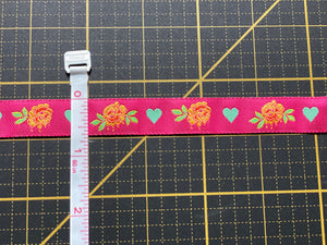 Painted Roses on Pink- 5/8" wide Jacquard Ribbon from Tula Pink's Curiouser and Curiouser collection