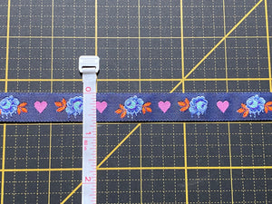 Painted Roses on Navy, 5/8" wide Jacquard Ribbon from Tula Pink's Curiouser and Curiouser collection