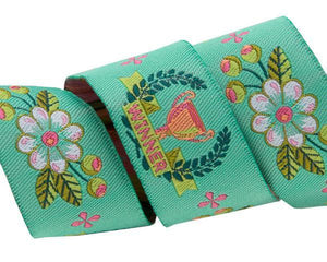 Winner in Mint - 7/8in Jacquard Ribbon, from Slow and Steady by Tula Pink for Renaissance Ribbons
