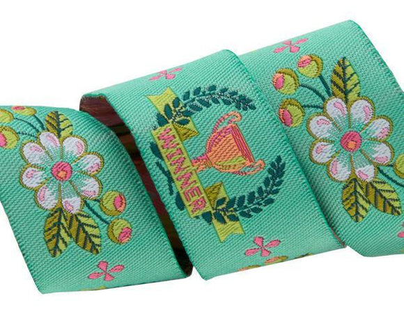 Winner in Mint - 7/8in Jacquard Ribbon, from Slow and Steady by Tula Pink for Renaissance Ribbons